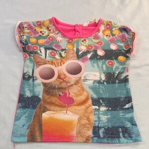 Pumpkin Patch - Kids 2T Pink and Blue Cat Graphic Tee/T-shirt